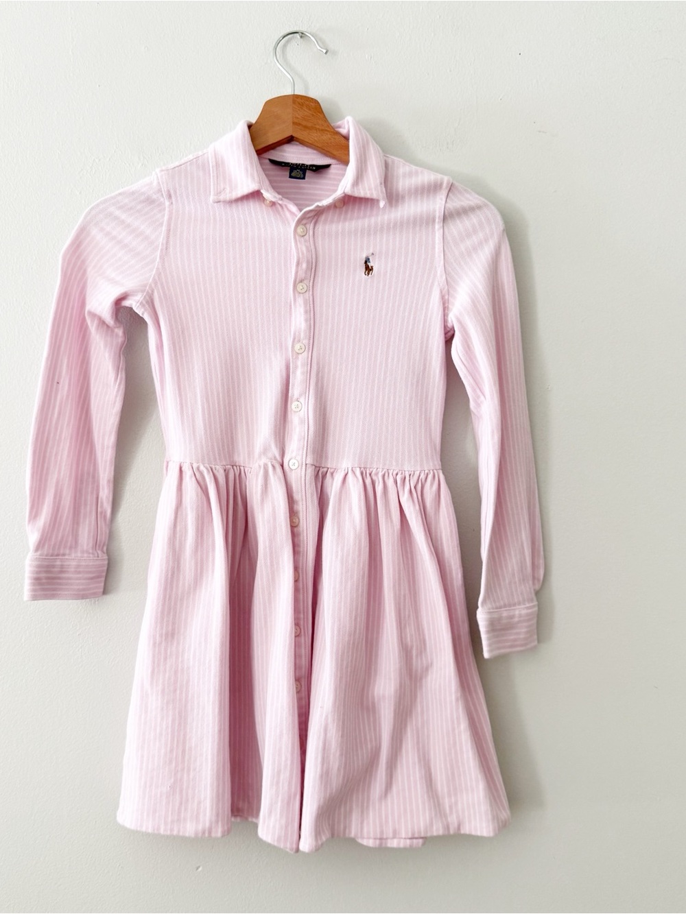 Polo Ralph Lauren Shirt Dress Pink Stripe Long Sleeve Fit & Flare Girls sz 8-10.